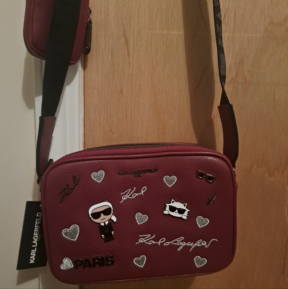 Karl Lagerfeld Burgundy Crossbody Bag with Silver Accents